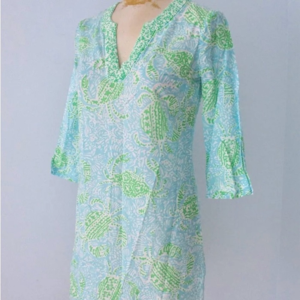Lilly Pulitzer blue green crab print beach coverup dress tissue cotton beaded